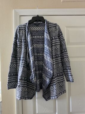 Lucky Brand Blue and White Open-Front Geometric Cardigan - S